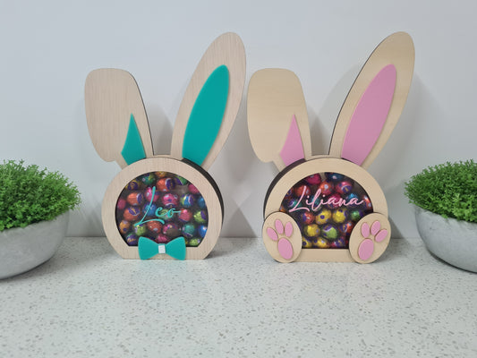 PERSONALISED EASTER BUNNY EGG DROP MONEY BOX , REUSEABLE EGG HOLDER