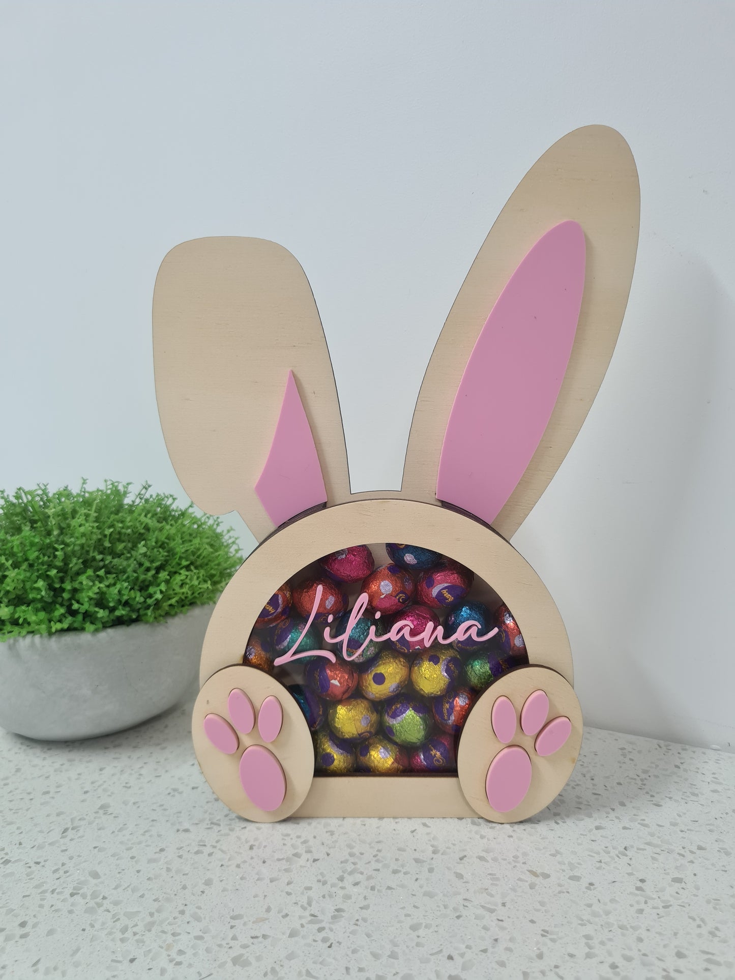 PERSONALISED EASTER BUNNY EGG DROP MONEY BOX , REUSEABLE EGG HOLDER